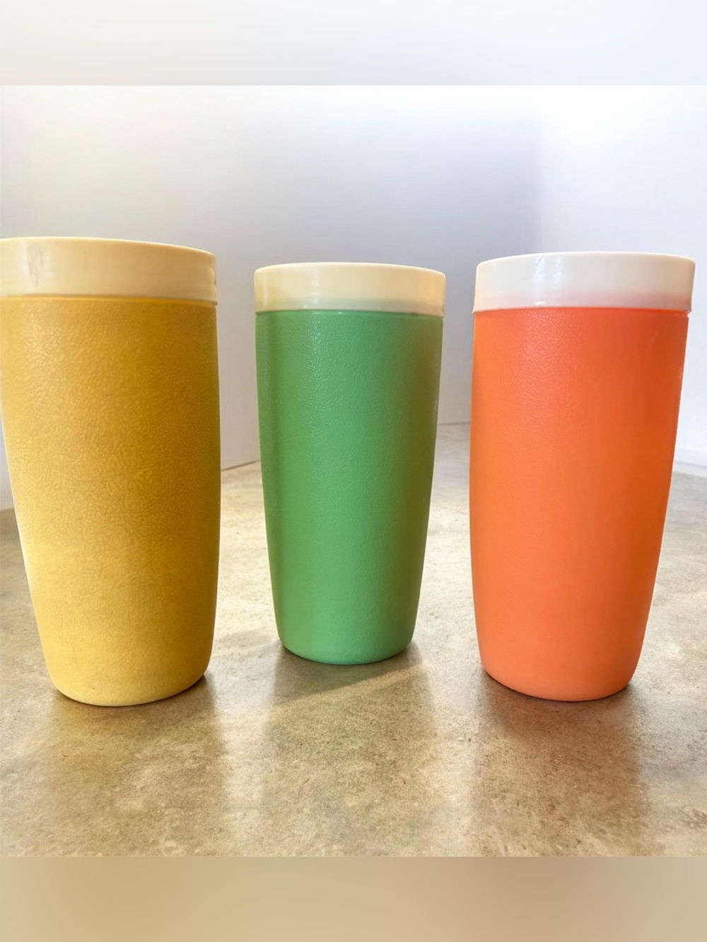 Vintage Trio of Plastic Tumblers - Yellow, Green, Coral Therm -O-Wear Bolero